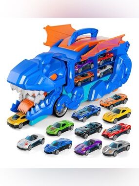Dinosaur Car Carrier Blue Orange Playset with 12 Mini Race Cars NIB Birthday